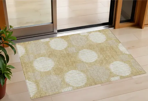 3' X 5' Gold Gray And Ivory Geometric Washable Indoor Outdoor Area Rug