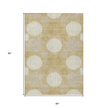 5' X 8' Gold Gray And Ivory Geometric Washable Indoor Outdoor Area Rug