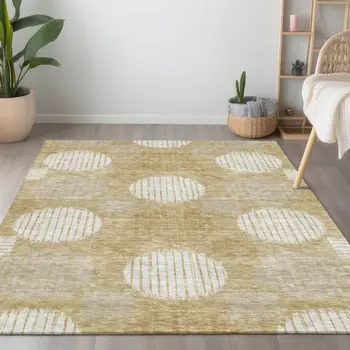 5' X 8' Gold Gray And Ivory Geometric Washable Indoor Outdoor Area Rug