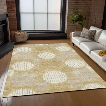 5' X 8' Gold Gray And Ivory Geometric Washable Indoor Outdoor Area Rug