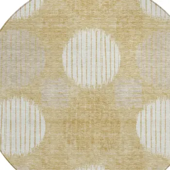 8' Gold Gray And Ivory Round Geometric Washable Indoor Outdoor Area Rug