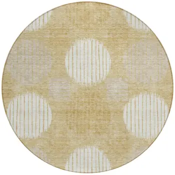 8' Gold Gray And Ivory Round Geometric Washable Indoor Outdoor Area Rug