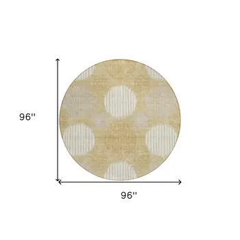 8' Gold Gray And Ivory Round Geometric Washable Indoor Outdoor Area Rug