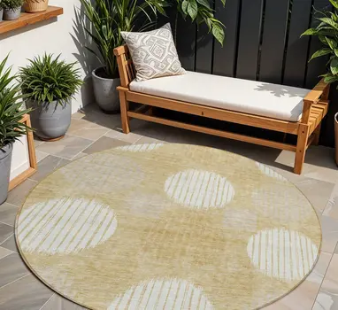 8' Gold Gray And Ivory Round Geometric Washable Indoor Outdoor Area Rug