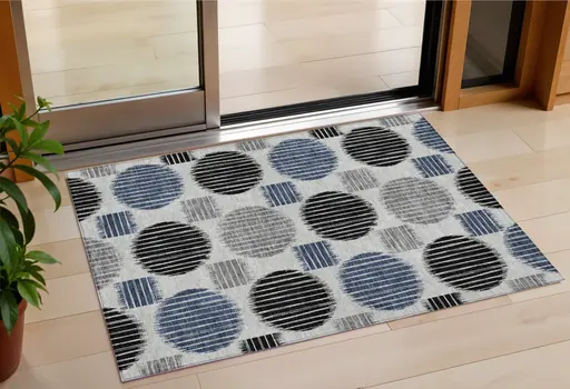 3' X 5' Gray Black And Blue Geometric Washable Indoor Outdoor Area Rug