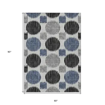 5' X 8' Gray Black And Blue Geometric Washable Indoor Outdoor Area Rug