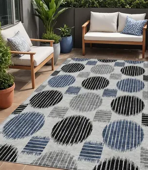 5' X 8' Gray Black And Blue Geometric Washable Indoor Outdoor Area Rug