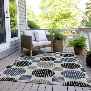5' X 8' Gray Black And Blue Geometric Washable Indoor Outdoor Area Rug