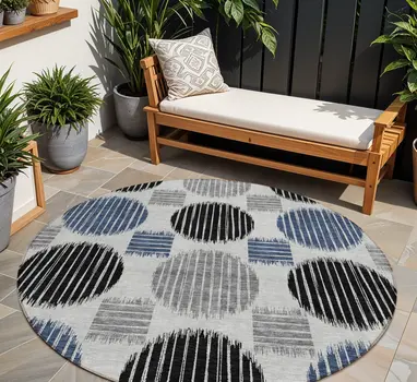 8' Gray Black And Blue Round Geometric Washable Indoor Outdoor Area Rug