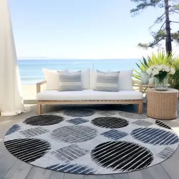 8' Gray Black And Blue Round Geometric Washable Indoor Outdoor Area Rug