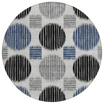 8' Gray Black And Blue Round Geometric Washable Indoor Outdoor Area Rug