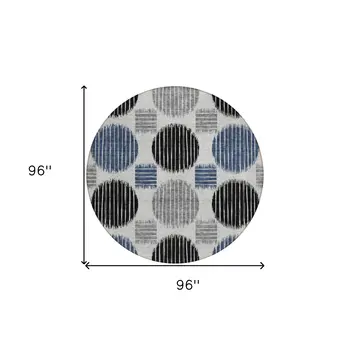 8' Gray Black And Blue Round Geometric Washable Indoor Outdoor Area Rug