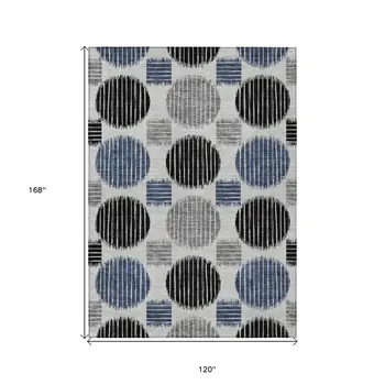 10' X 14' Gray Black And Blue Geometric Washable Indoor Outdoor Area Rug
