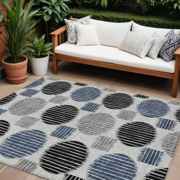 10' X 14' Gray Black And Blue Geometric Washable Indoor Outdoor Area Rug