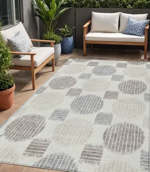 5' X 8' Ivory Brown And Gray Geometric Washable Indoor Outdoor Area Rug