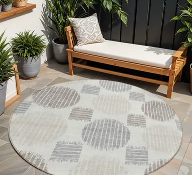 8' Ivory Brown And Gray Round Geometric Washable Indoor Outdoor Area Rug