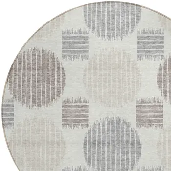 8' Ivory Brown And Gray Round Geometric Washable Indoor Outdoor Area Rug