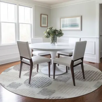 8' Ivory Brown And Gray Round Geometric Washable Indoor Outdoor Area Rug