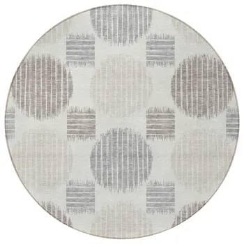 8' Ivory Brown And Gray Round Geometric Washable Indoor Outdoor Area Rug