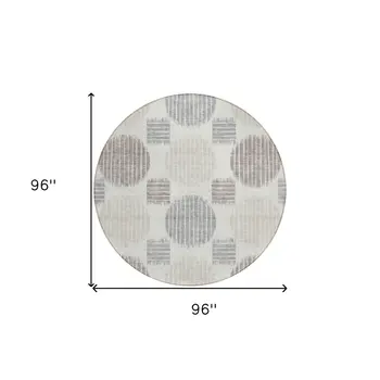 8' Ivory Brown And Gray Round Geometric Washable Indoor Outdoor Area Rug