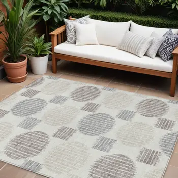 10' X 14' Ivory Brown And Gray Geometric Washable Indoor Outdoor Area Rug