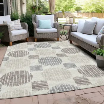 10' X 14' Ivory Brown And Gray Geometric Washable Indoor Outdoor Area Rug