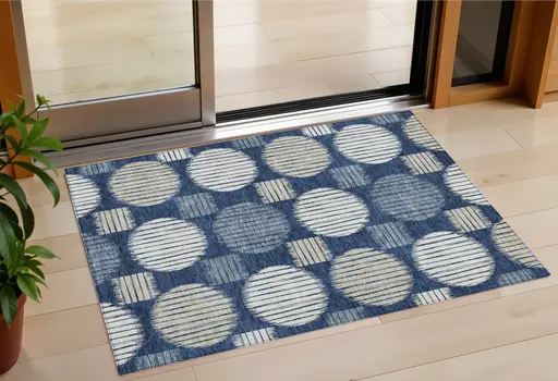 3' X 5' Navy Blue And Ivory Geometric Washable Indoor Outdoor Area Rug