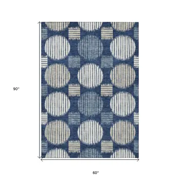 5' X 8' Navy Blue And Ivory Geometric Washable Indoor Outdoor Area Rug