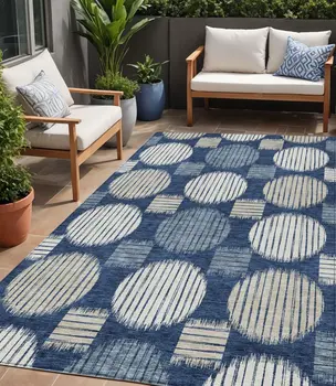 5' X 8' Navy Blue And Ivory Geometric Washable Indoor Outdoor Area Rug