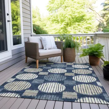 5' X 8' Navy Blue And Ivory Geometric Washable Indoor Outdoor Area Rug