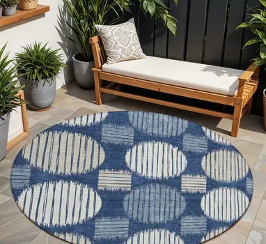 8' Navy Blue And Ivory Round Geometric Washable Indoor Outdoor Area Rug