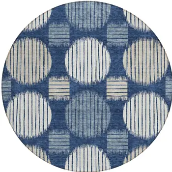 8' Navy Blue And Ivory Round Geometric Washable Indoor Outdoor Area Rug