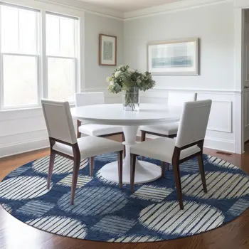 8' Navy Blue And Ivory Round Geometric Washable Indoor Outdoor Area Rug