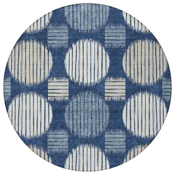8' Navy Blue And Ivory Round Geometric Washable Indoor Outdoor Area Rug