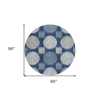 8' Navy Blue And Ivory Round Geometric Washable Indoor Outdoor Area Rug