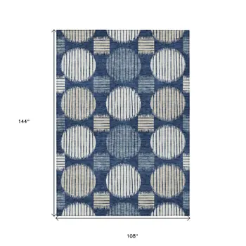 9' X 12' Navy Blue And Ivory Geometric Washable Indoor Outdoor Area Rug