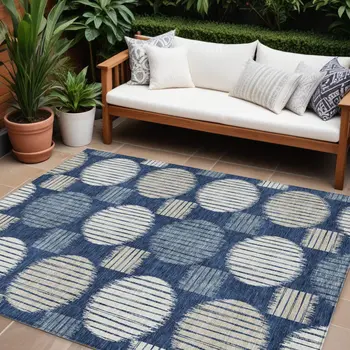 9' X 12' Navy Blue And Ivory Geometric Washable Indoor Outdoor Area Rug
