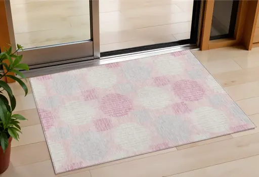 3' X 5' Pink Gray And Ivory Geometric Washable Indoor Outdoor Area Rug