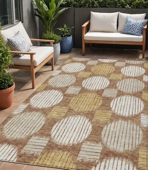 5' X 8' Brown Beige And Ivory Geometric Washable Indoor Outdoor Area Rug