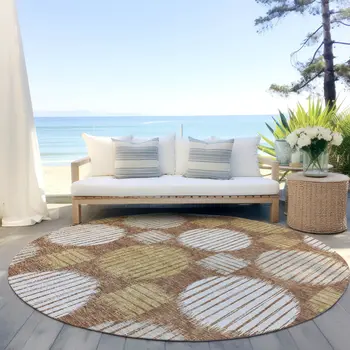 8' Brown Beige And Ivory Round Geometric Washable Indoor Outdoor Area Rug
