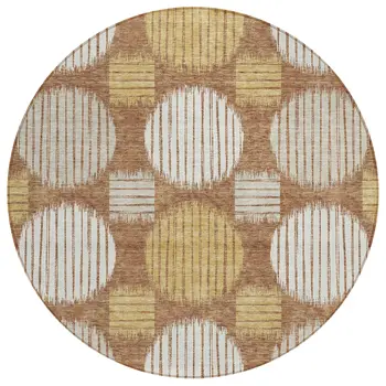 8' Brown Beige And Ivory Round Geometric Washable Indoor Outdoor Area Rug