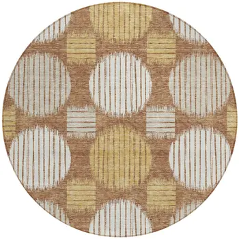 8' Brown Beige And Ivory Round Geometric Washable Indoor Outdoor Area Rug