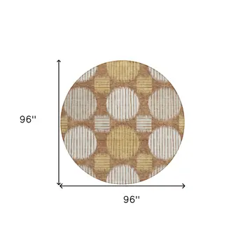 8' Brown Beige And Ivory Round Geometric Washable Indoor Outdoor Area Rug