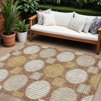 10' X 14' Brown Beige And Ivory Geometric Washable Indoor Outdoor Area Rug