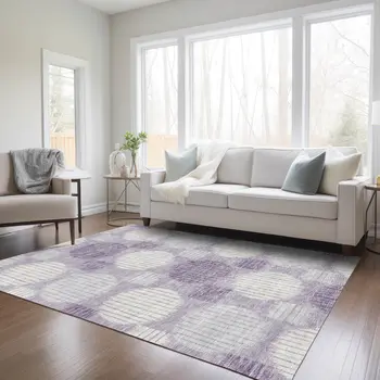 3' X 5' Purple And Ivory Geometric Washable Indoor Outdoor Area Rug