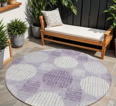 8' Purple And Ivory Round Geometric Washable Indoor Outdoor Area Rug