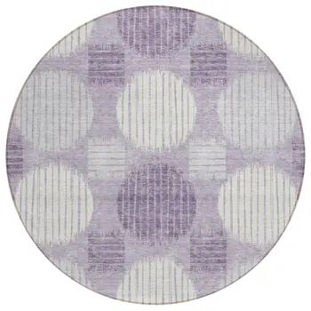 8' Purple And Ivory Round Geometric Washable Indoor Outdoor Area Rug