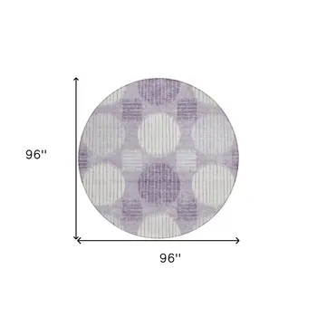 8' Purple And Ivory Round Geometric Washable Indoor Outdoor Area Rug
