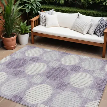 10' X 14' Purple And Ivory Geometric Washable Indoor Outdoor Area Rug