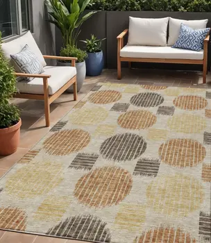 5' X 8' Tan Brown And Beige Geometric Washable Indoor Outdoor Area Rug